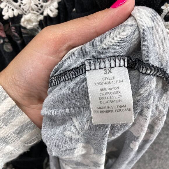 Always Indigo Blouse Women 3X Plus Black Floral V-Neck 3/4 Sleeve Tasseled Rayon - Picture 7 of 10